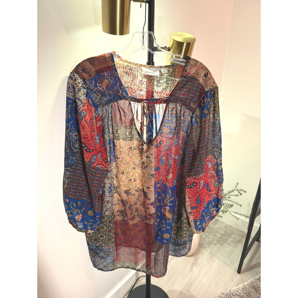 Avenue tunic plus size 26W bohemian sheer summer cooling bow accent daywear EUC